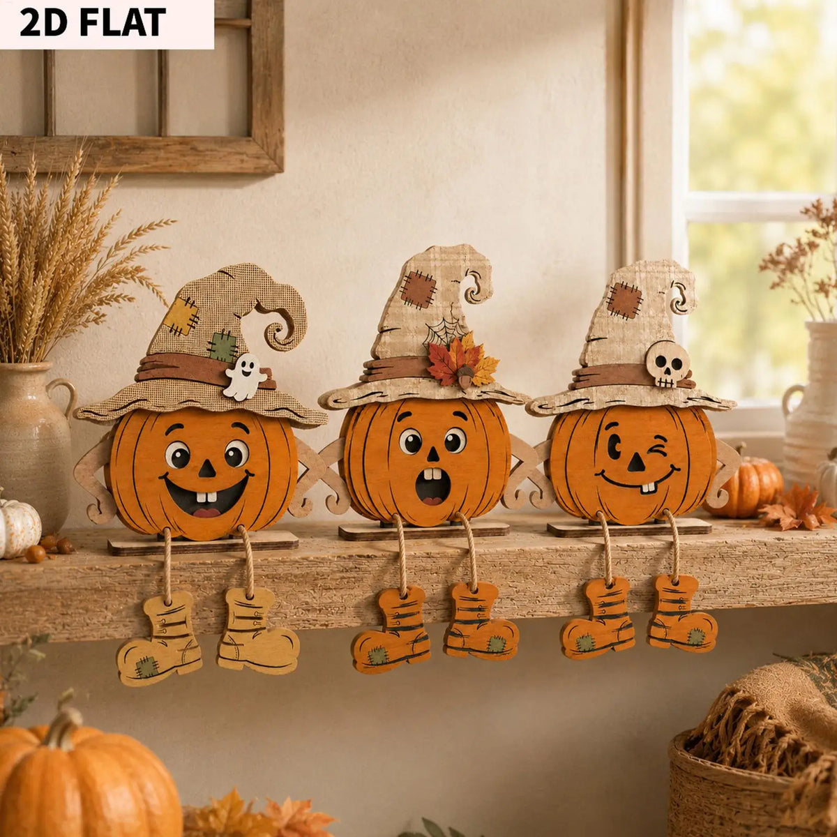 Halloween Wooden Pumpkin Decor 3 Pieces Farmhouse Tabletop Ornament 2D Pumpkin Character Festive Home Desk Mantel Decor Gifts