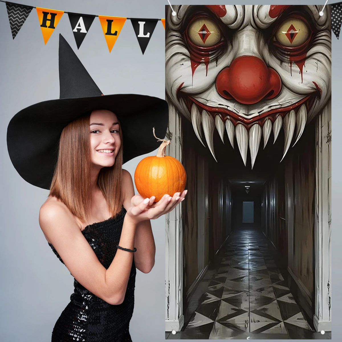 Halloween Decorations Door Cover,Spooky Witch and Zombie Theme Wall Decor,Indoor Outdoor Haunted House Themed Decoration 2D Scen