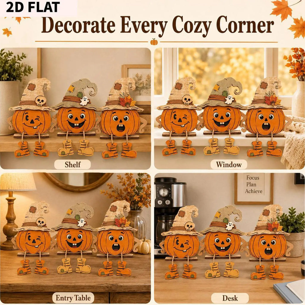 Halloween Wooden Pumpkin Decor 3 Pieces Farmhouse Tabletop Ornament 2D Pumpkin Character Festive Home Desk Mantel Decor Gifts