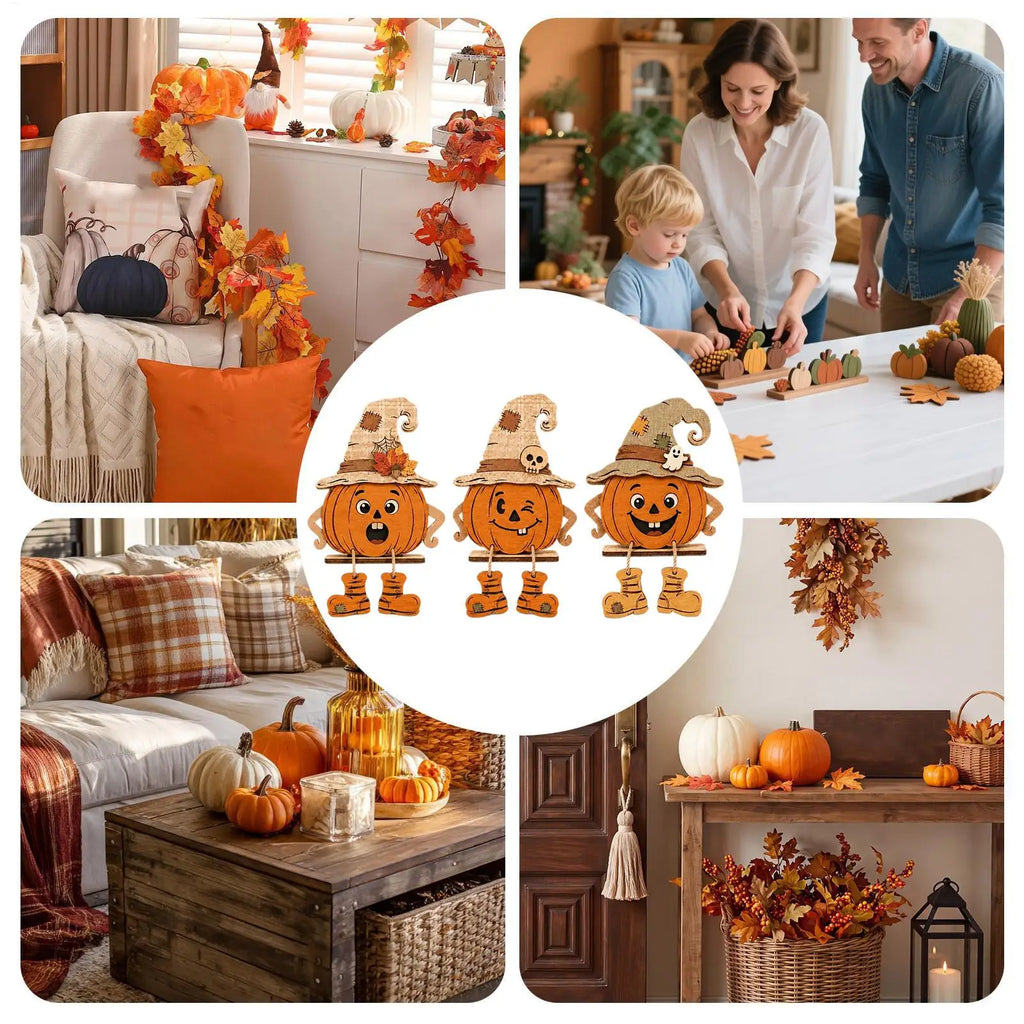 Halloween Wooden Pumpkin Decor 3 Pieces Farmhouse Tabletop Ornament 2D Pumpkin Character Festive Home Desk Mantel Decor Gifts
