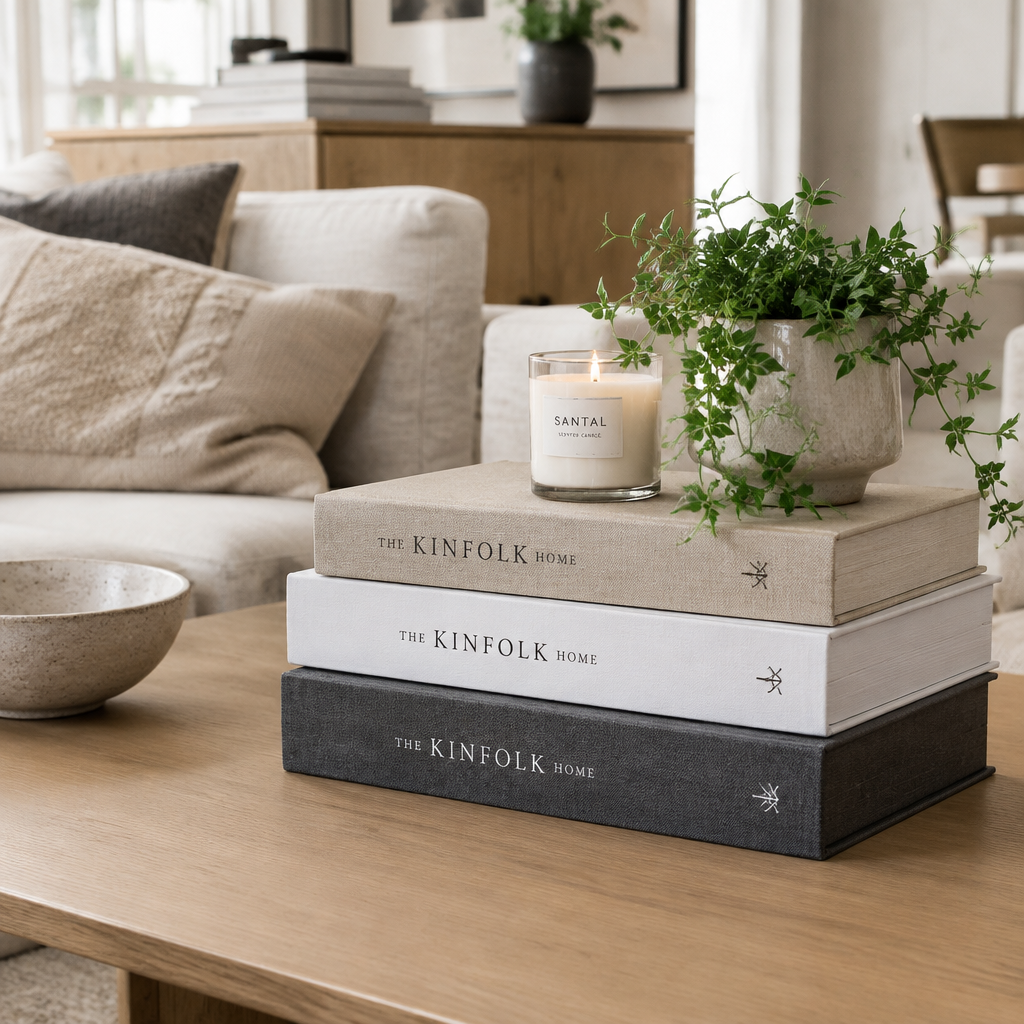 Decorative book storage boxes styled on an oak coffee table with a candle and plant